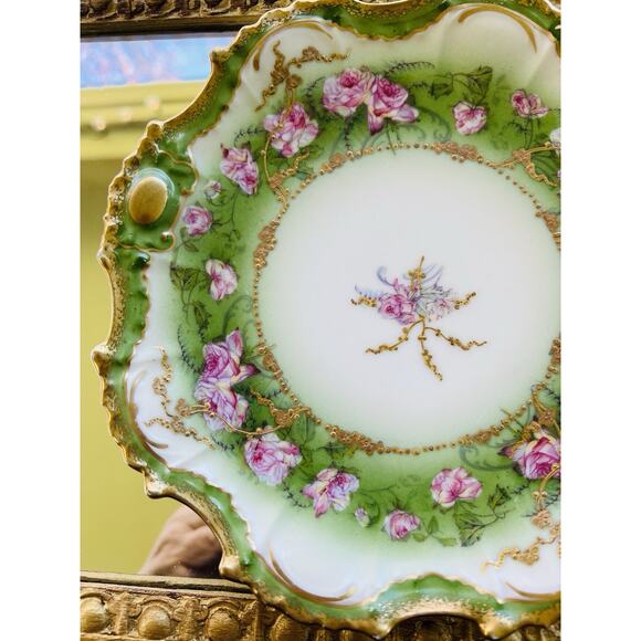 Lewis Straus LS&S Limoges Art Nouveau Roses w Gold 8” Plate France Green READ - Picture 7 of 10